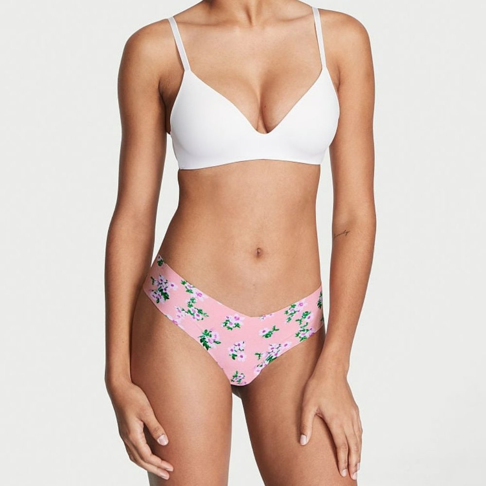 🔥VICTORIA'S SECRET No-Show Thong Panty Pink Floral sz Large